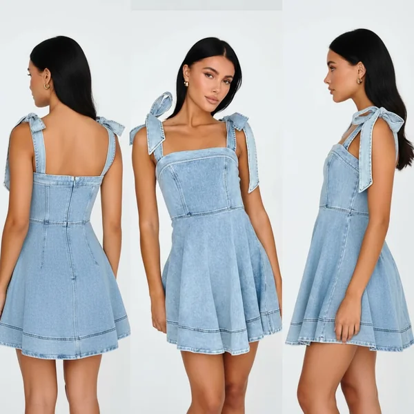 Tie-Shoulder Denim Babydoll Dress