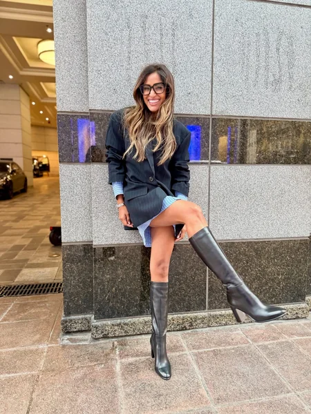 Pinstripe Blazer Mini Dress With Knee Boots
