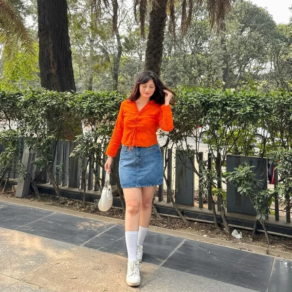 Orange Top With Denim Mini Skirt