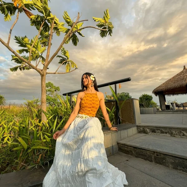 Flowy White Maxi Skirt with Mustard Halter Top