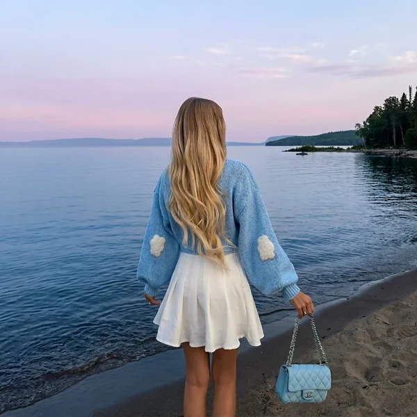 Cloud-Blue Knit & Pleated White Mini