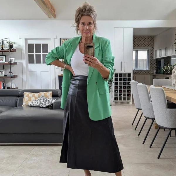Chic Leather Midi Skirt with Vibrant Blazer