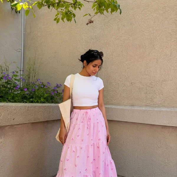Pink Bow Print Tiered Maxi Skirt