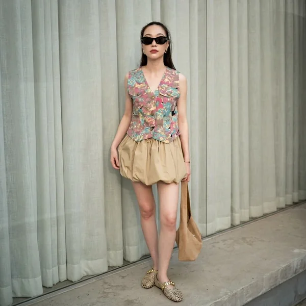 Floral Tapestry Vest and Khaki Bubble Mini Skirt