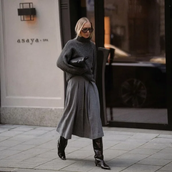 Pleated Gray Midi Skirt and Chunky Charcoal Turtleneck Knit