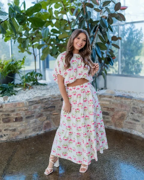Matching Floral Tiered Maxi Skirt and Crop Top