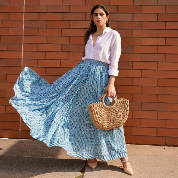 White Linen Shirt with Block-Print Blue Maxi Skirt