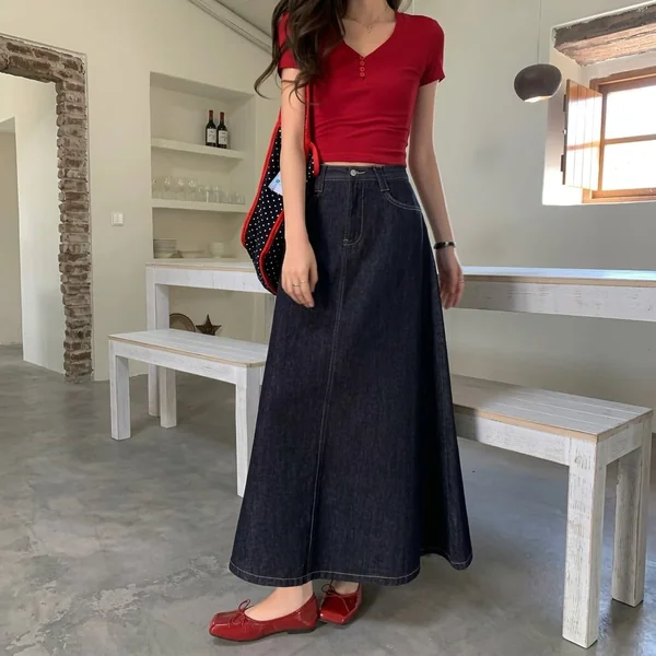 Denim A-Line Maxi with Red Henley Tee