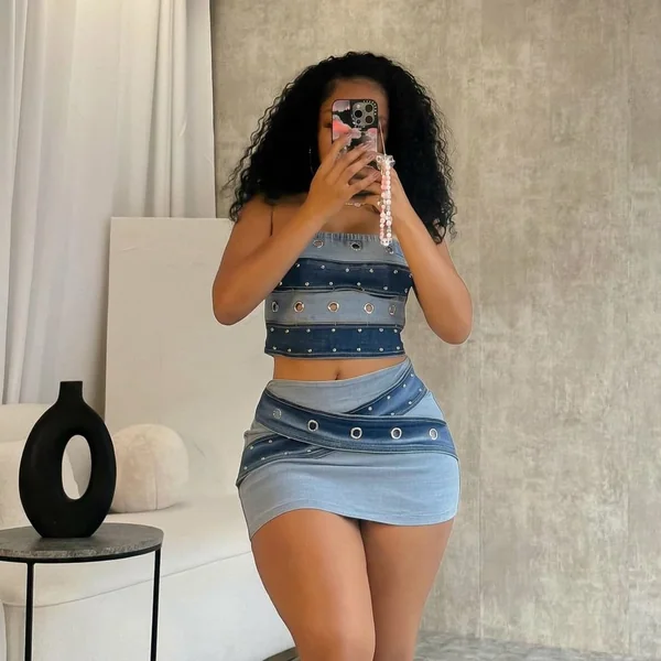 Patchwork Denim Tube Top and Embellished Mini Skirt Set