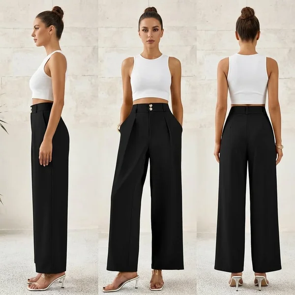 Button Pleated Wide-Leg Pants