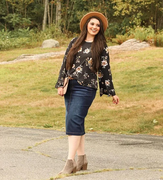 Floral Bell-Sleeve Blouse and Indigo Pencil Skirt