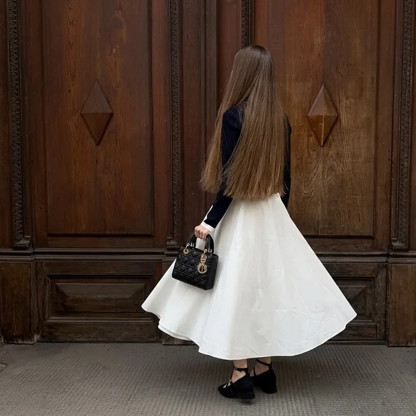 Voluminous A-Line White Midi Skirt with Navy Knit