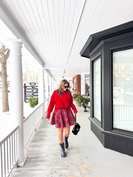 Red Plaid Skater Skirt Outfit