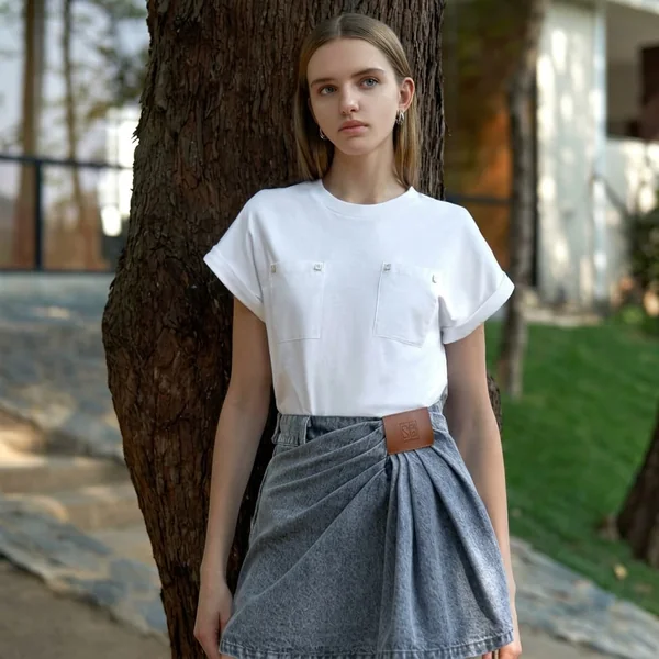 White Tee With Grey Wrap Skirt