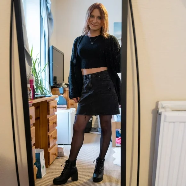 Frayed Black Denim Mini with Cropped Knit