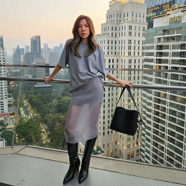 Sheer Gray Midi Skirt paired with an Oversized Crewneck Tee