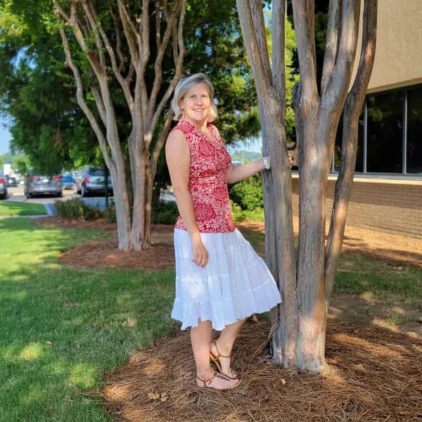 White Tiered Midi Skirt with Red Paisley Shell