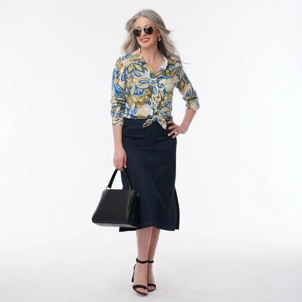 Dark Denim Midi Skirt with Printed Button-Down