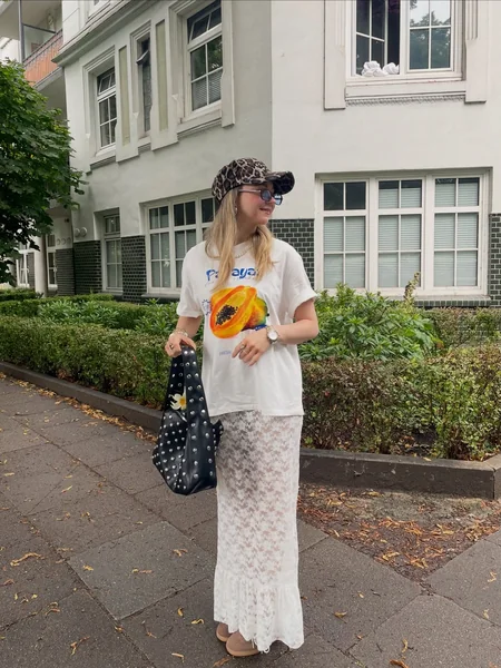 White Lace Skirt with Fruit Graphic Tee