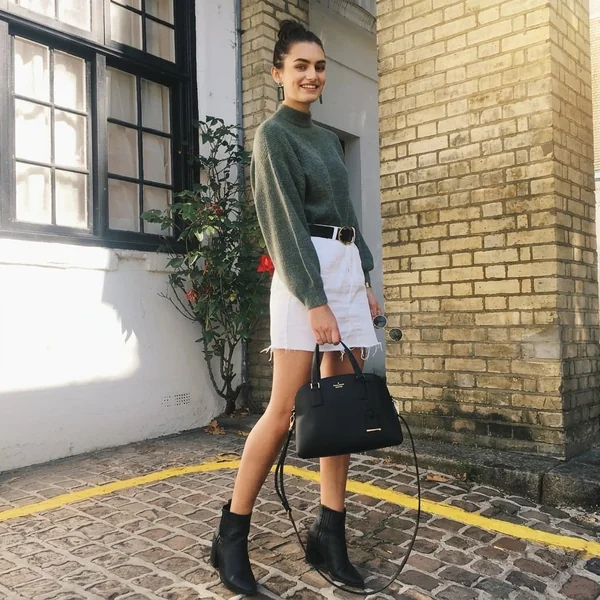 Green Sweater With White Denim Mini Skirt