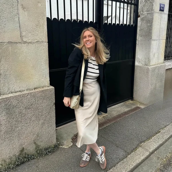Cream Satin Slip Skirt with Striped Knit and Blazer