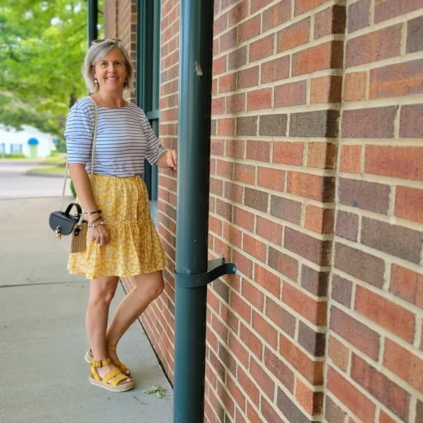 Yellow Floral Mini Skirt with Striped Boatneck Top