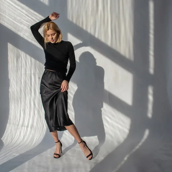Black Satin Midi and Mock-Neck Knit