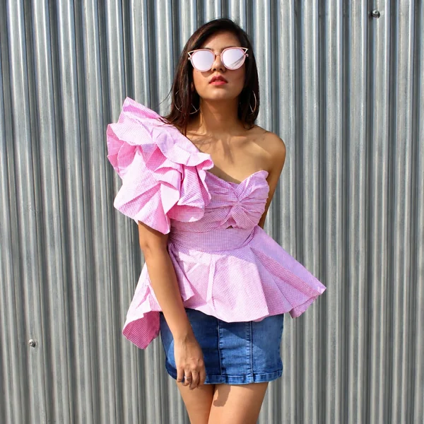 One-Shoulder Ruffle Blouse and Medium-Wash Denim Mini Skirt