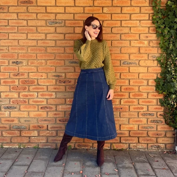 Seamed Dark Denim Maxi with Olive Knit