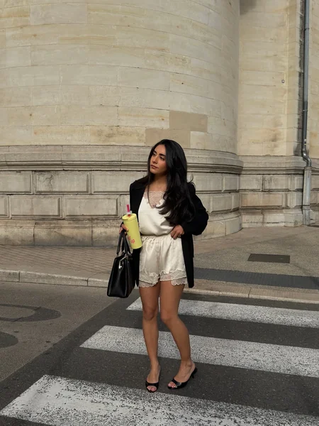 Cream Lace Shorts with Black Blazer