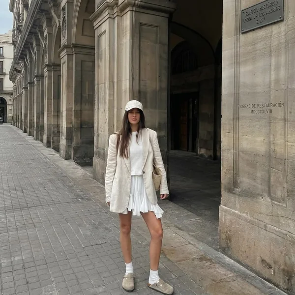 Ruffled White Mini Skirt with Oatmeal Linen Blazer