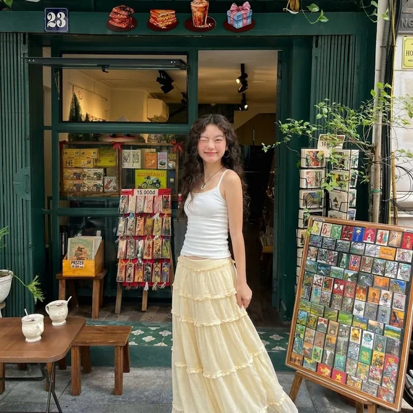 Tiered Butter-Yellow Maxi Skirt with Lace-Trim Camisole