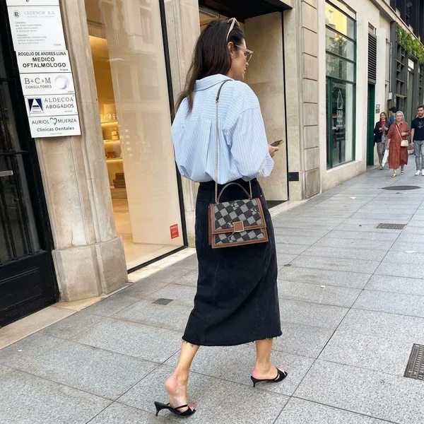 Black Denim Midi with Striped Button-Down