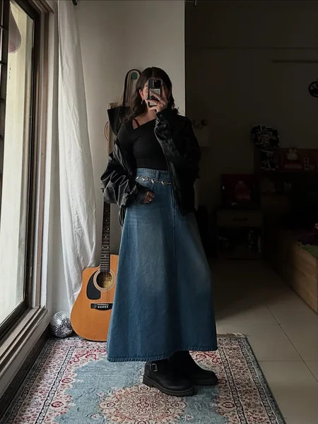 Leather Biker Jacket and A-Line Denim Maxi