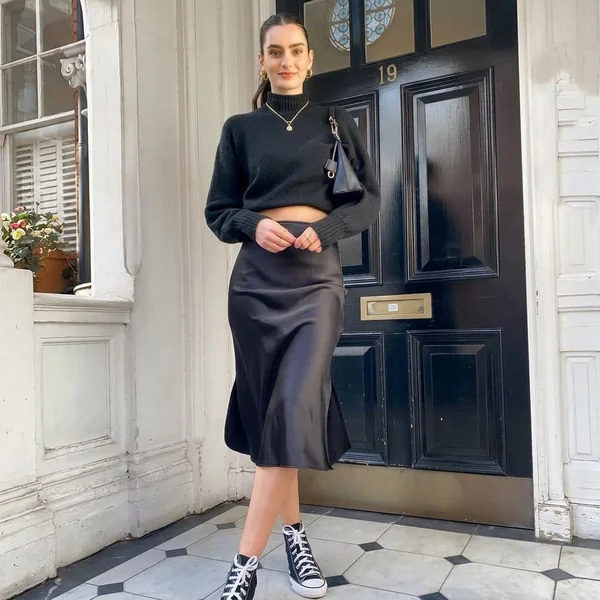 Monochromatic Satin Midi and Cropped Knitwear