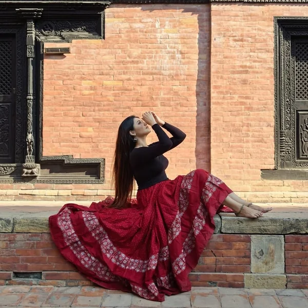 Crimson Red Bandhani Maxi Skirt