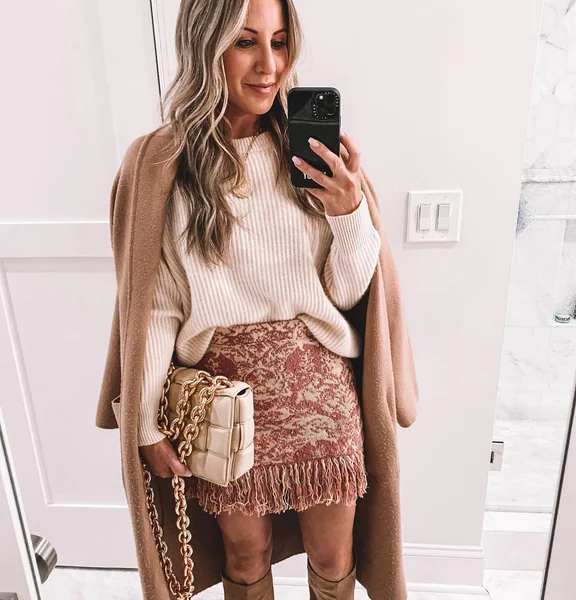 Fringed Jacquard Mini Skirt and Camel Wool Coat