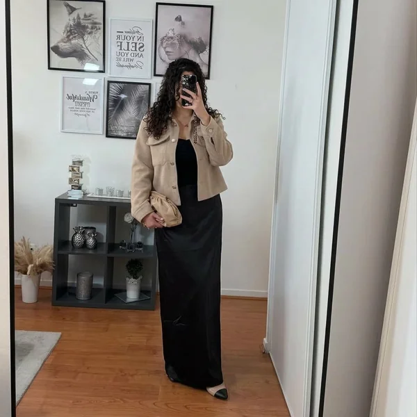 Black Satin Maxi and Cropped Wool Jacket
