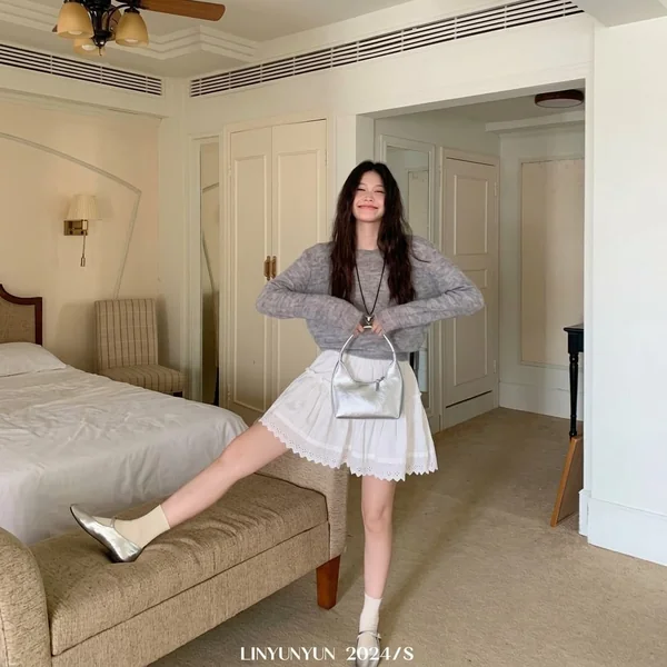 Grey Mohair Knit Sweater and Eyelet Lace Mini Skirt