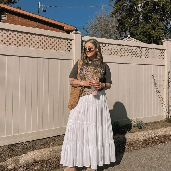 White Tiered Maxi Skirt with Charcoal Graphic Tee