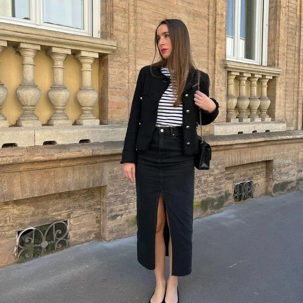 Black Denim Maxi with Tweed Lady Jacket