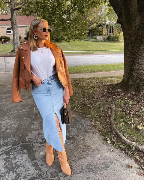 Leather Moto Jacket and Front-Slit Denim Maxi