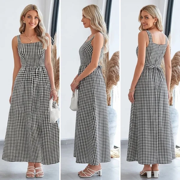 Plaid Square Neck Maxi Dress