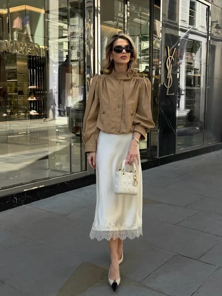 Ivory Lace Skirt with Beige Jacket