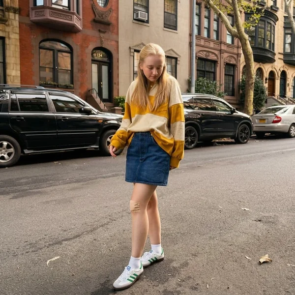 Striped Sweatshirt With Denim Mini Skirt