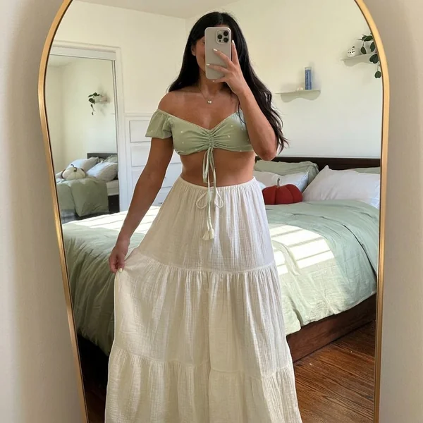 Tiered White Cotton Maxi with Sage Crop Top