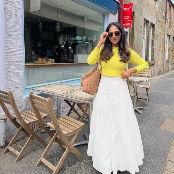 Tiered White Maxi Skirt with Neon Ribbed Knit