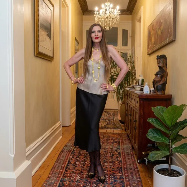 Black Silk Skirt with an Embellished Sweater