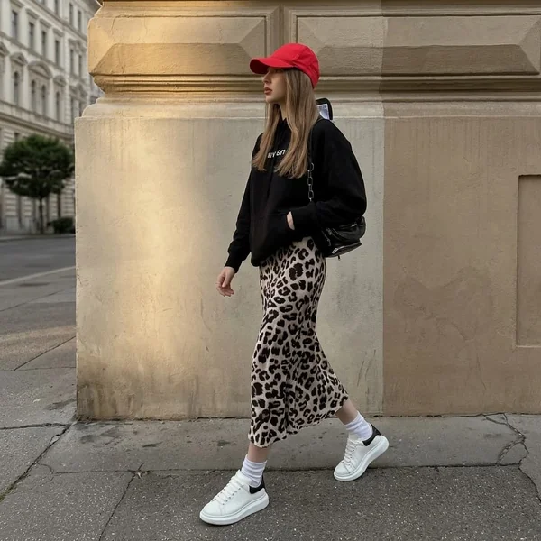 Leopard Satin Midi Skirt and Oversized Hoodie