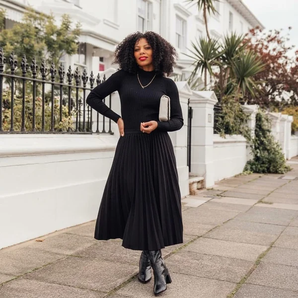 Ribbed Knit Mock-Neck and Flowing Midi Skirt